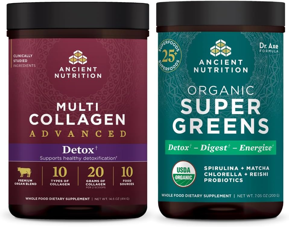 Ancient Nutrition Multi Collagen Advanced Powder Cleanse & Detox, Unflavored, 36 Servings + Organic SuperGreens Powder, Greens Flavor, 25 Servings