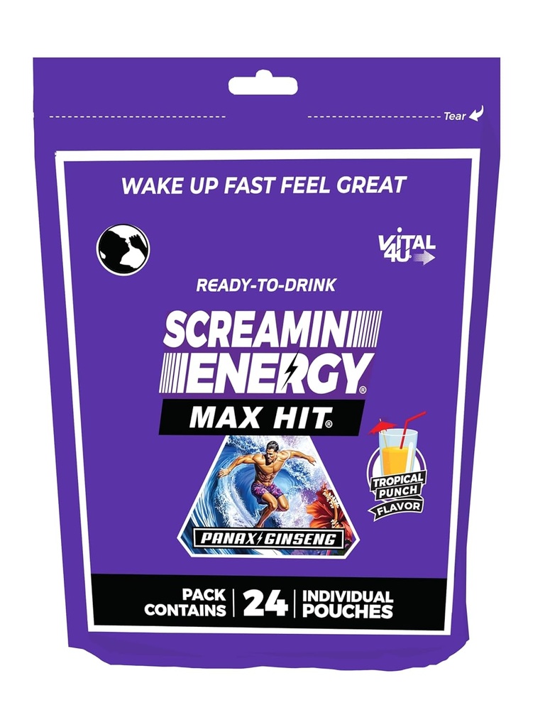 Screamin Energy Max Hit Tropical Punch Flavor - Maximum Strength Sugar Free Energy Shot with Ginseng, B Vitamins, and Caffeine - 24 Count