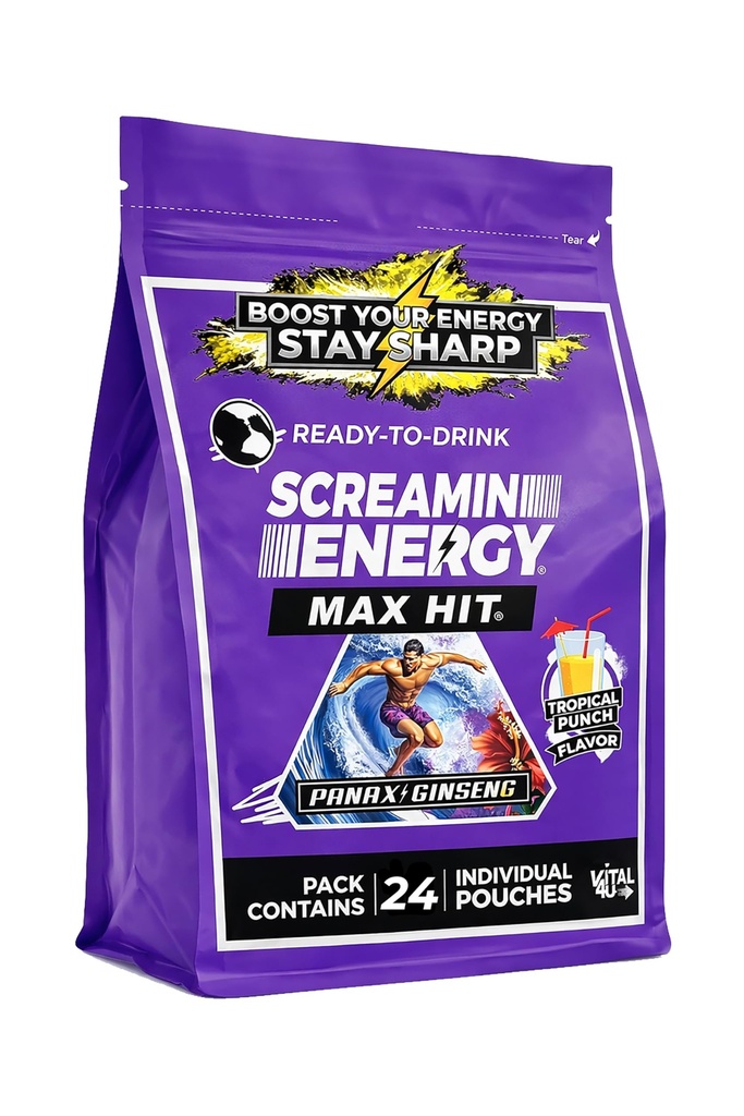 Screaminエネルギー最大ヒットトロピカルパンチフレーバー - 最大の強度砂糖無料エネルギーショットとGinseng、Bビタミン、カフェイン - 24カウント