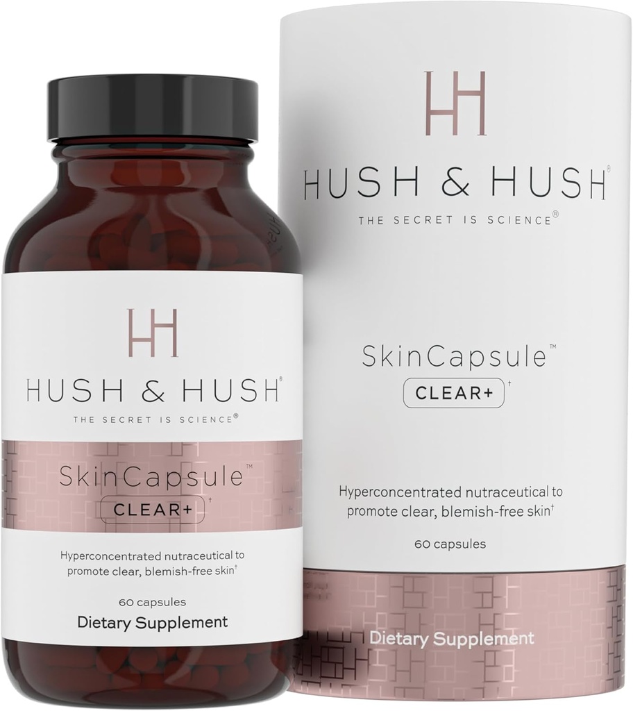 Hush & Hush SkinCapsuleTM Clear+, スキンケアサプリメント, ビーガン, 顔のためのアクネの治療, ビタミンAを含むクリーンな栄養補助食品, ターメリック, タンポト, 亜鉛 - 60 カプセル