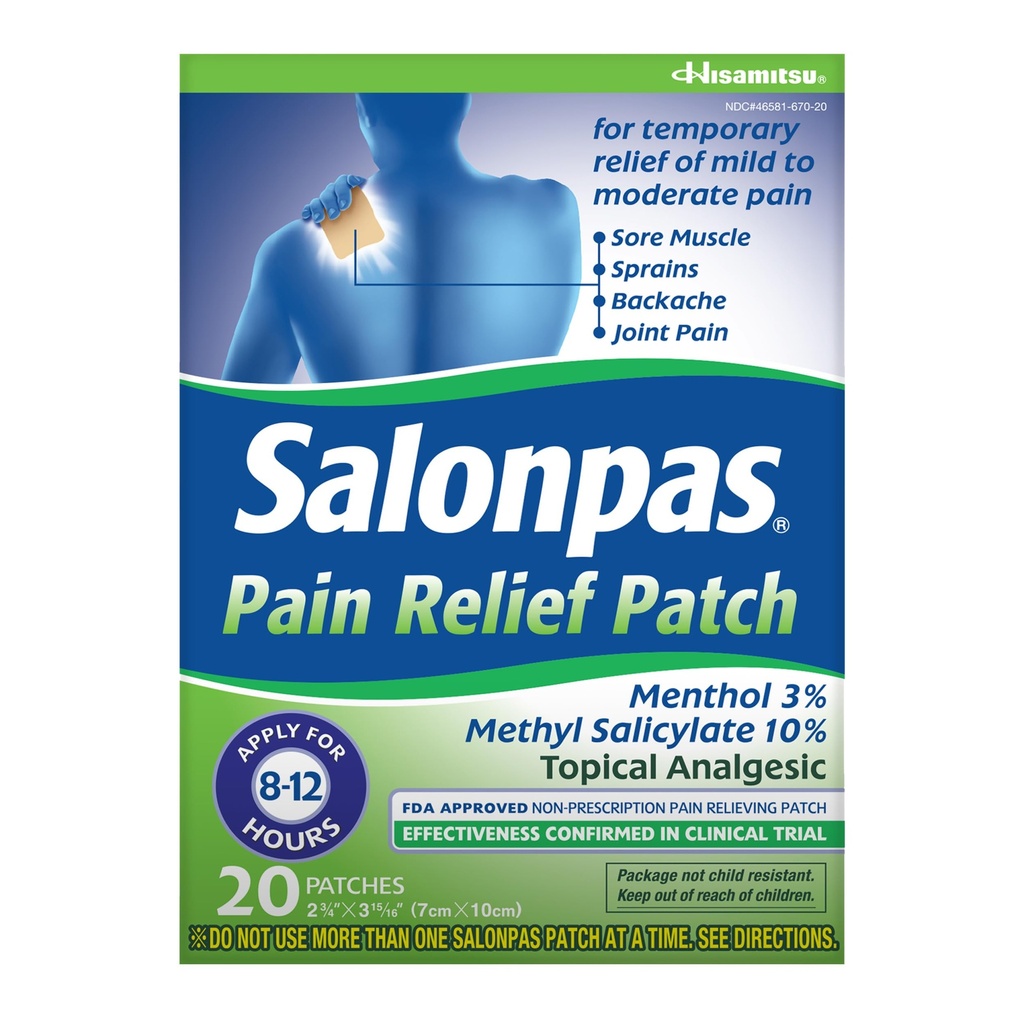 Salonpas 痛みの軽減パッチ、20 カウント (パッケージ 1)、最大 12 時間 軽度の痛み、背痛、痛み、筋肉、捻挫、ブルースへの一時的な救済