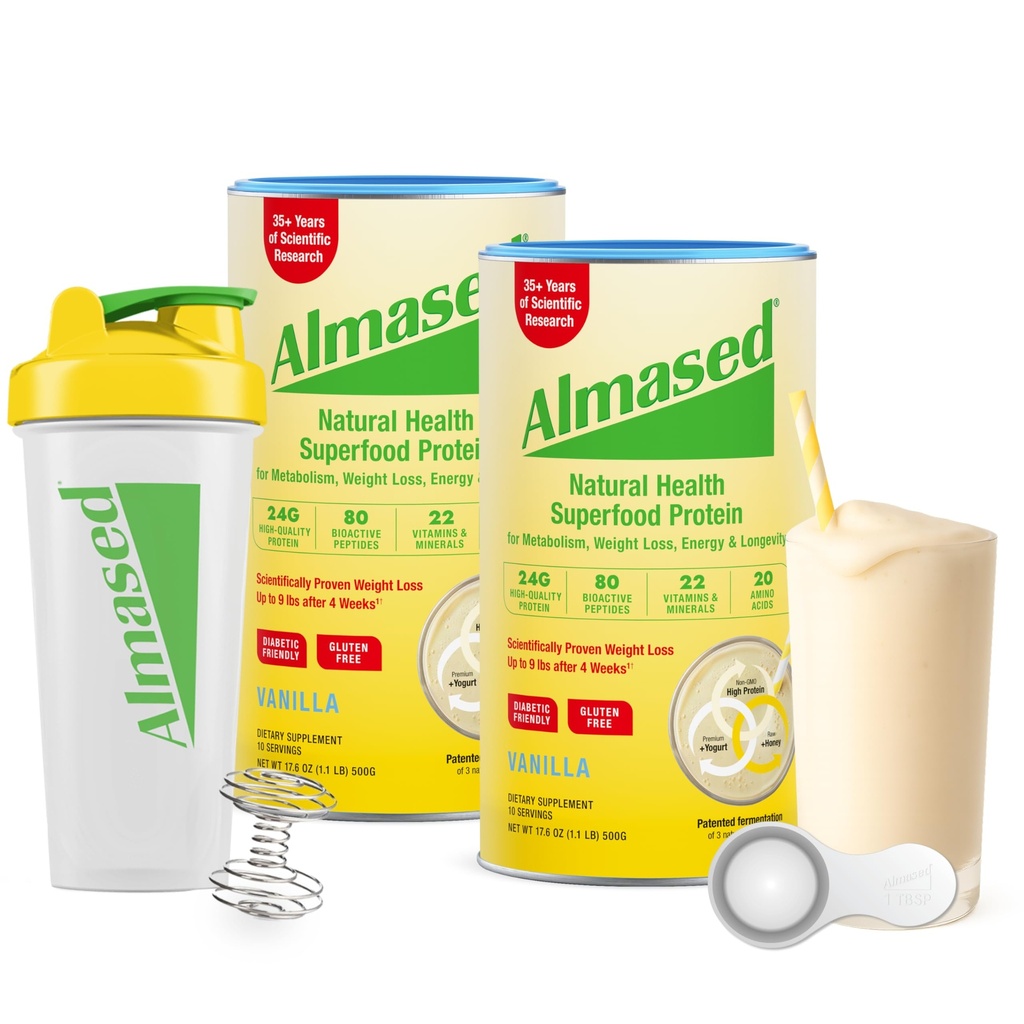 減量のためのAlmased食事の取り替えの揺れ-蛋白質の粉-始動機のキット(アーモンドのバニラの味、17.6のozの2缶+シェーカーのびん+ Scoop)