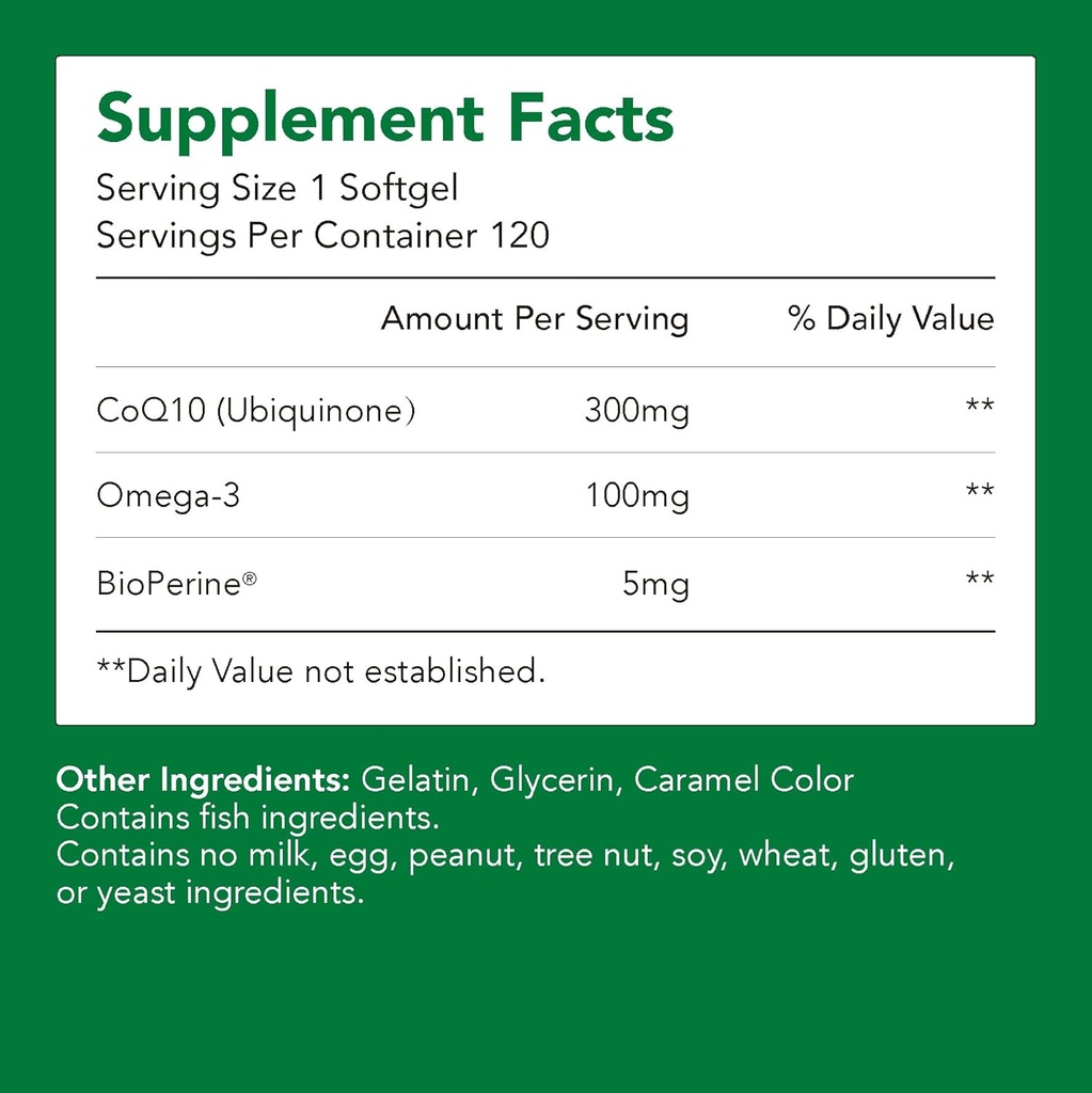 サプリメント、Ubiquinone CoQ10(Coenzyme Q10)300mg、BioPerine(5mg) | 心臓の健康、エネルギー、吸収(1瓶-120 Softgels-2mo供給)をサポート | 高EPA&DHA | 非GMO、グルテンフリー