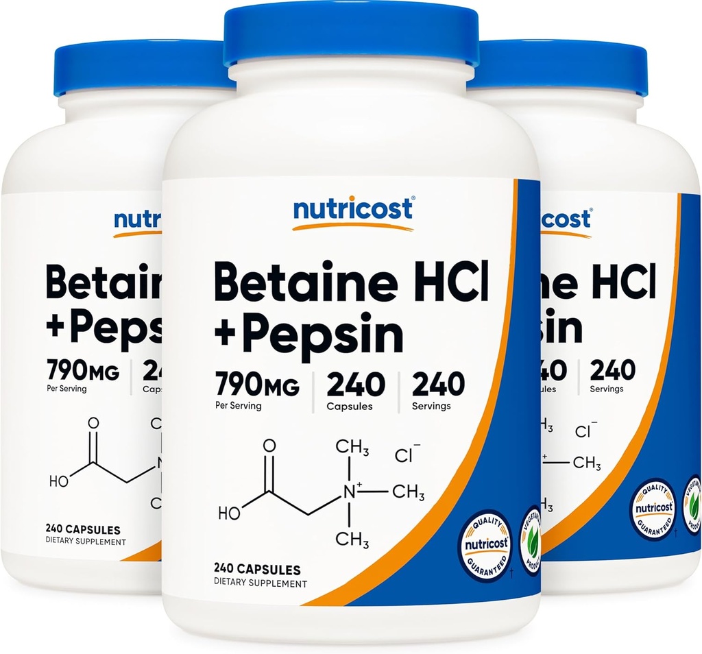 NutricostはHCl + Pepsin 790mg、240のカプセル、3本のびん(720のカプセル)を達成します