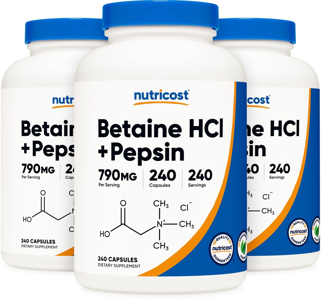 NutricostはHCl + Pepsin 790mg、240のカプセル、3本のびん(720のカプセル)を達成します