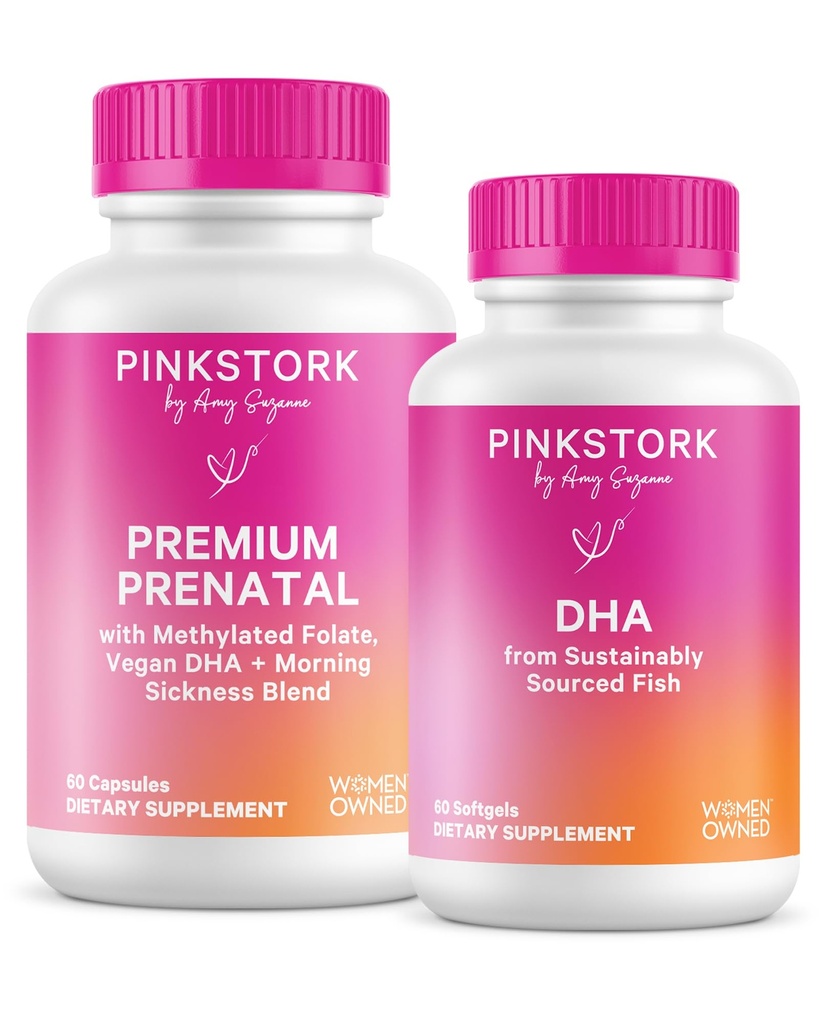 ピンクストークプレミアムプレナタルデュオ:プレミアムプレナタルビタミン+ DHA、女性のためのプレナタルプロバイオティクス、オメガ3 +フィッシュオイル、DHAとフォリック酸のプレナタルビタミン、女性用
