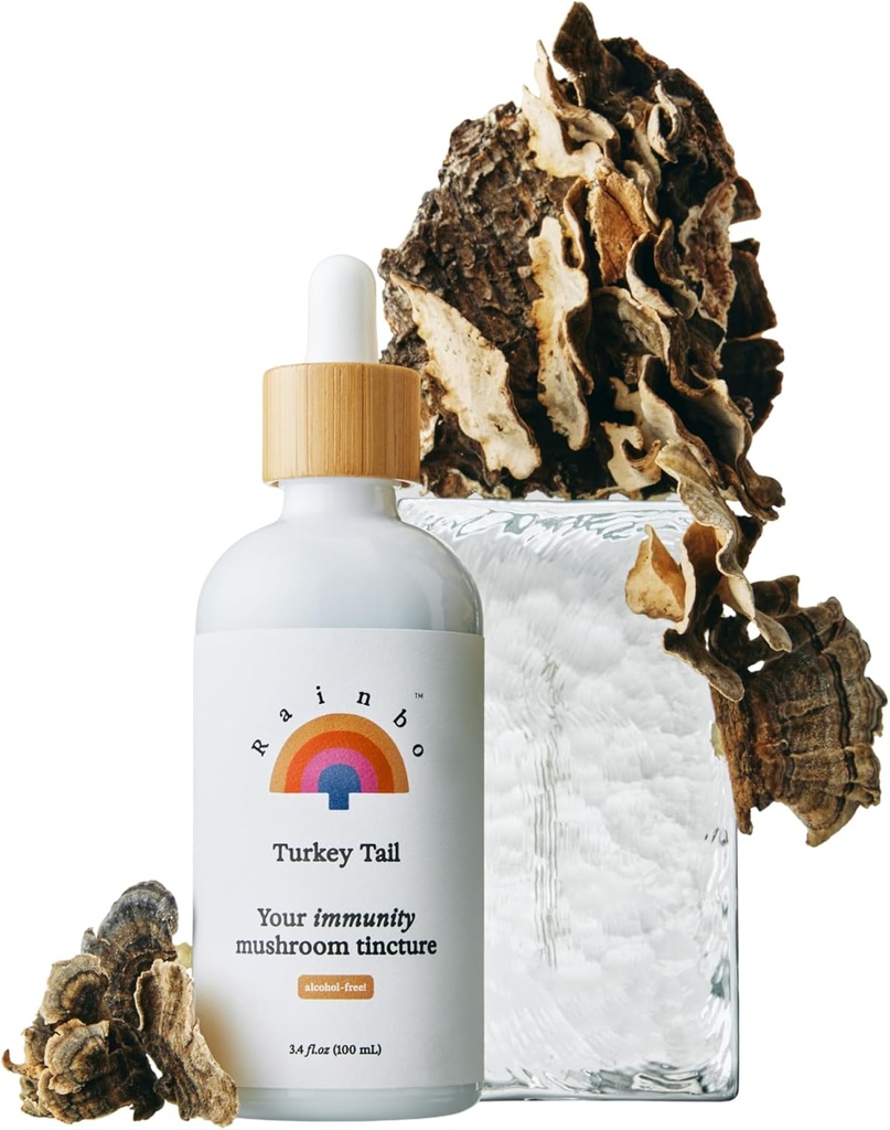 Rainbo - Turkey Tail Mushroom Tincture - Alcohol Free - Dual Extract Mushroom Supplement - Immune Support, Gut Health, Liquid Turkey Tail Supplement, Vegan, Non GMO, 3.4 fl oz