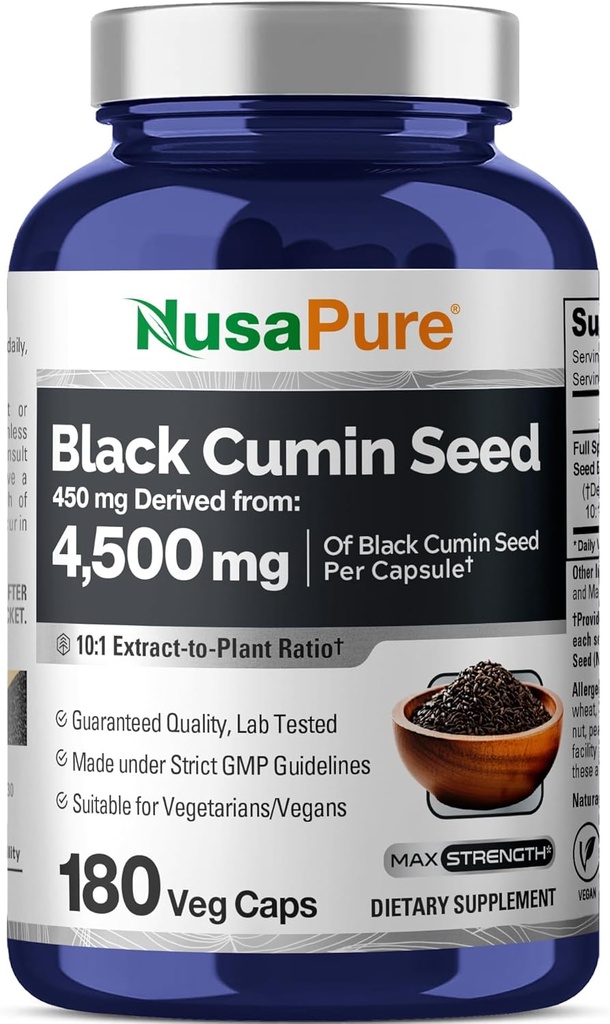 NusaPureフルスペクトラムブラックカミンシード10:1抽出物、4,500mg 180ベジギーパウダーキャップ非GMO、ビーガン非オリイ