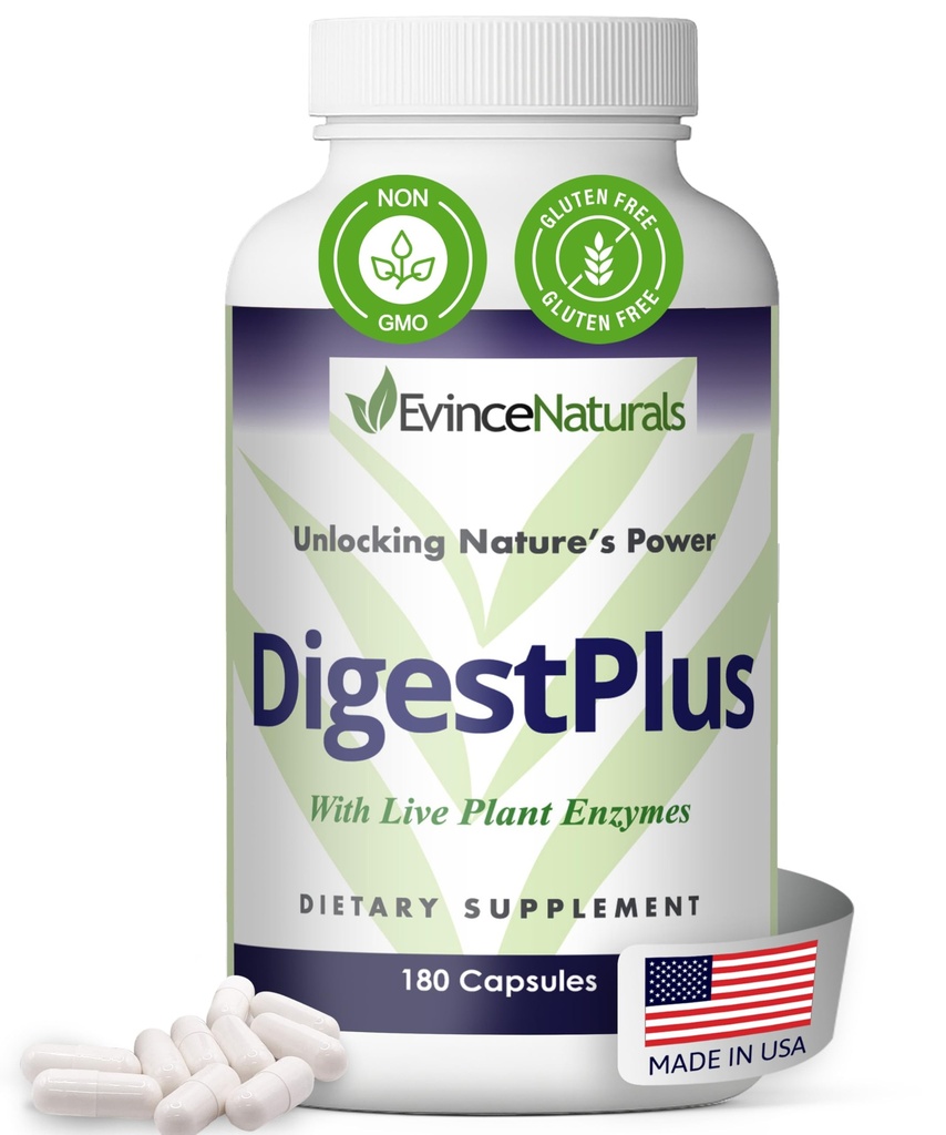 DigestPlus 消化酵素 - 消化器サポートのための植物ベースの酵素、助けは膨脹及びガスを削減します - 栄養素吸収のための純粋な酵素の方式 - 消化の補足、180 のカプセル