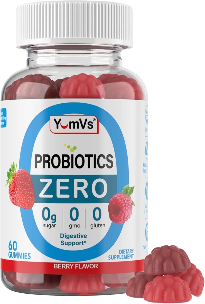 YUM-V'S - Zero Sugar Probiotic Gummies for Digestive Health - Sugar Free Probiotics for Women, Men & Kids - Gut Health Probiotic Gummies for Adults & Kids - Digestive Support Gummy Supplements - 60ct