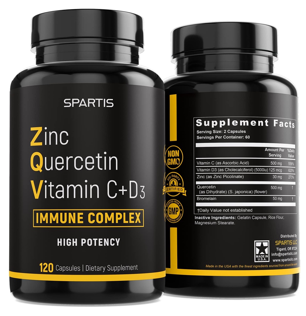 ビタミンCのビタミンD3のBromelainの免疫力サポートが付いている亜鉛ケルセチン500mg SPARTISによる高い効力のケルセチン亜鉛補足ZQV (120-Capsの1本のびんのパック)