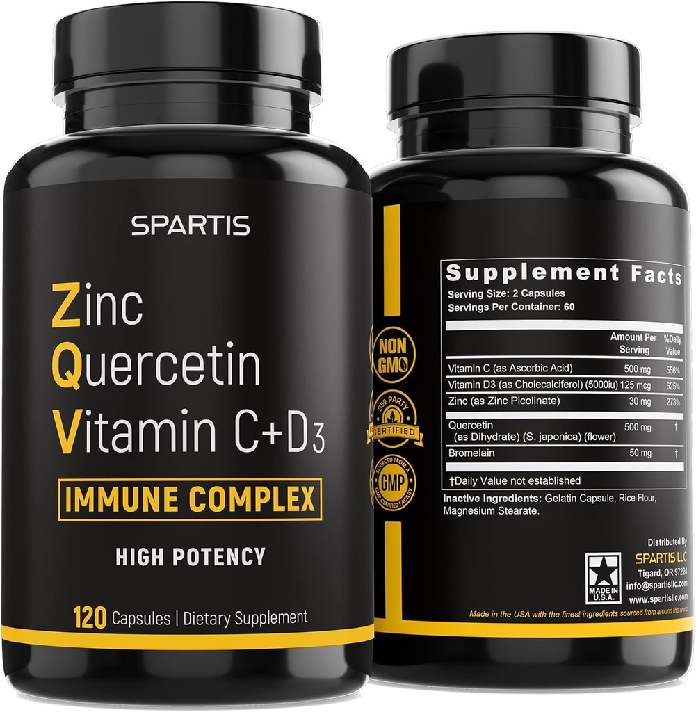 Zinc Quercetin 500mg with Vitamin C Vitamin D3 Bromelain Immune Support High Potency Quercetin Zinc Supplement ZQV by SPARTIS (Pack of 1 Bottle at 120-Caps)