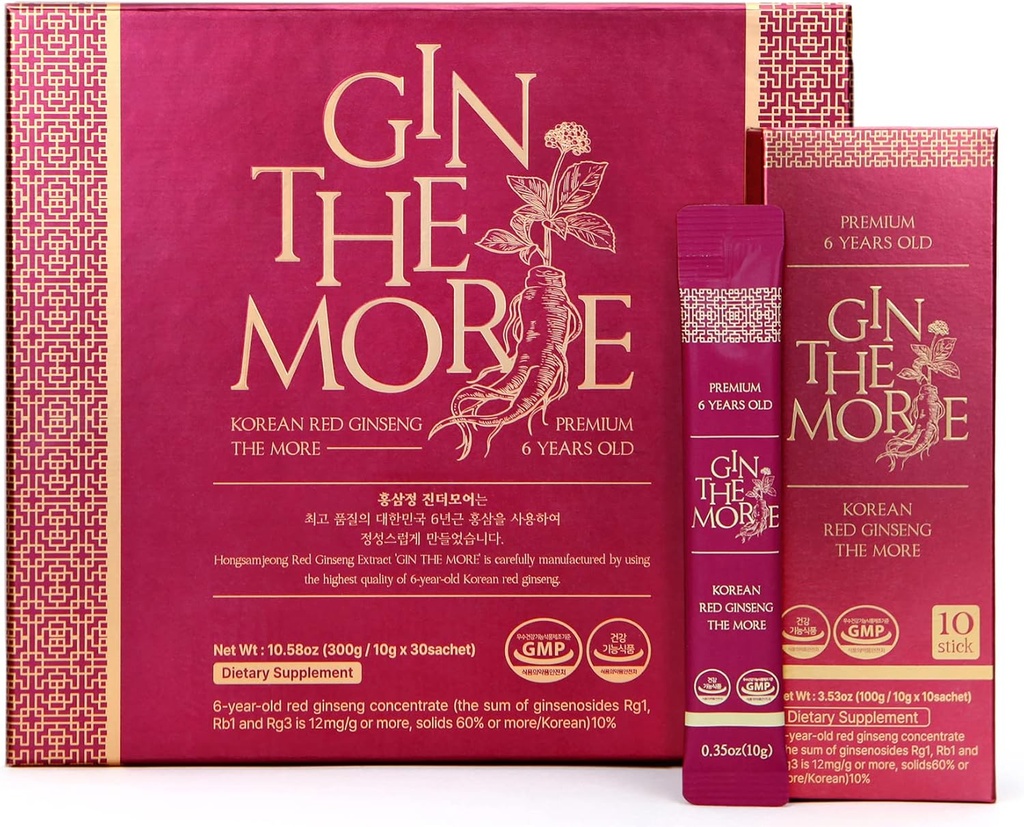 [Gin the More] 韓国の赤いジンセン - 30サチェット韓国のジンセンエキス - プレミアムジンセンエキス 6 防腐剤、フィラーなしの年 – 豪華な味 – 栄養素パック免疫ショット
