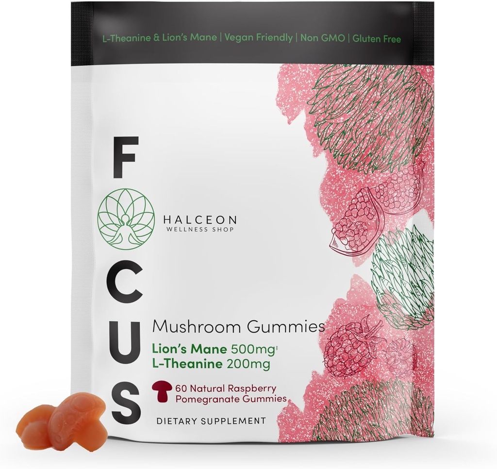 Halceon Wellnessのきのこのグミ - ライオンのマネのきのこおよび脳の健康のためのL-Theanineの補足 - Nootropicのきのこの補足-焦点のための非GMOのビーガン ライオン マネのきのこのグミ - 60の計算