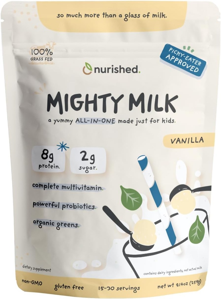 Vanilla Mighty Milk - Kids All-in-One Daily Protein Powder & Multivitamin Boosted with 2 Billion Probiotics & Organic Spinach - Natural Flavors, Colors & Sweeteners - 15-30 Servings
