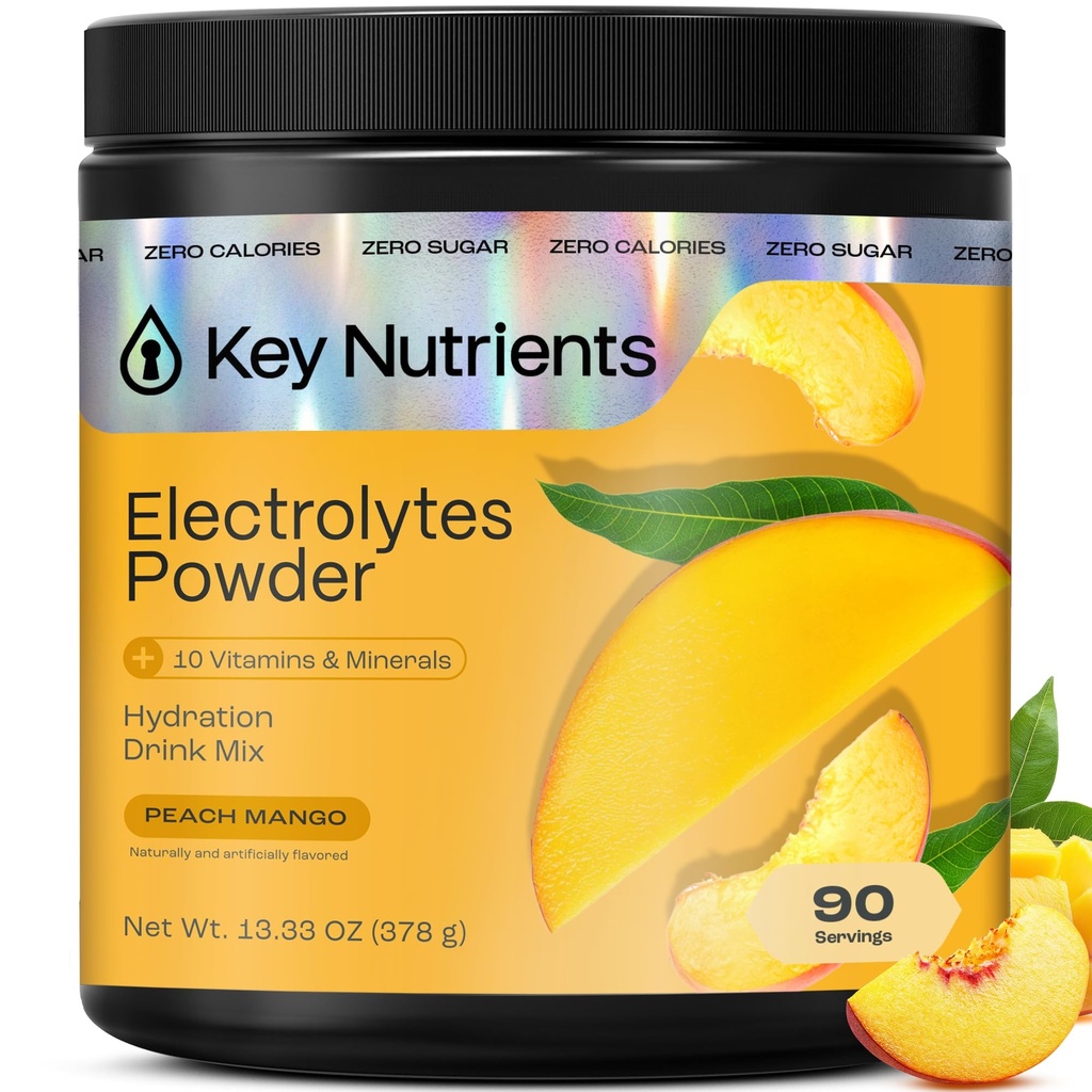 KEY NUTRIENTSのマルチビタミンの電解質の粉砂糖無し-熱帯ピーチのマンゴの電解質の粉-持久力及びエネルギー補足-Hydrationの粉-カロリー無し- 90のサービング-米国製