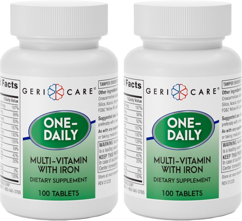 GeriCare One-Daily Multi-Vitamin with Iron, for Every Day Nutritional Supplement Support, 100 Count (Pack of 2)