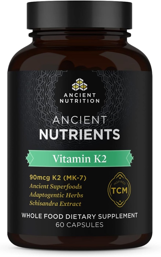 Ancient Nutrition Vitamin K2 Supplement, K2-90mcg K2, Adaptogenic Herbs, Enzyme Activated, Supports Cardiovascular Function, Paleo & Keto Friendly, 60 Capsules