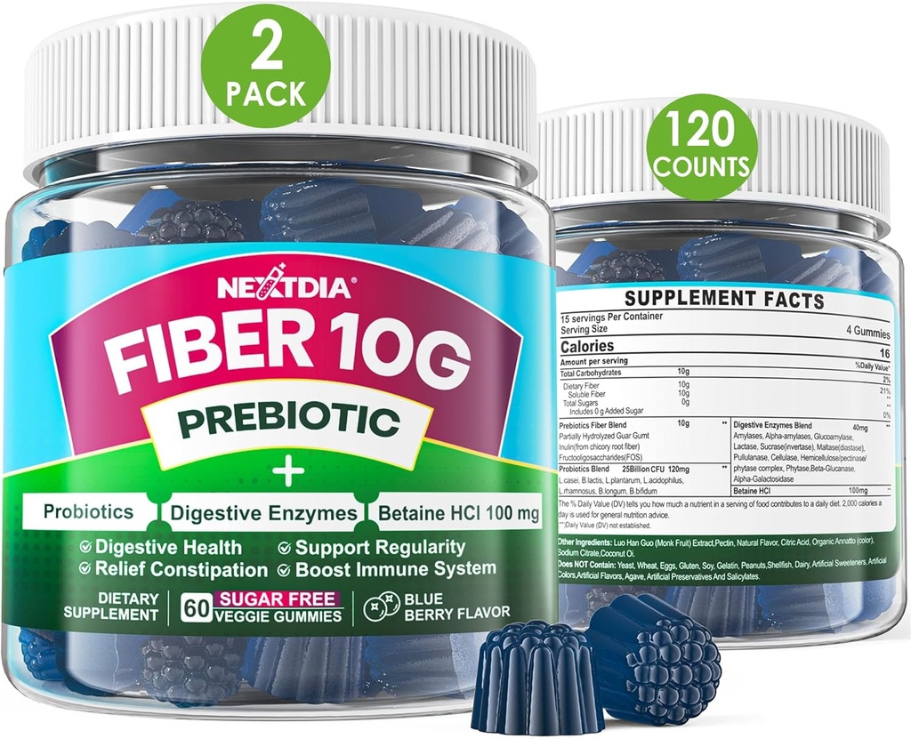 Fiber Gummies for Adults, Sugar Free 10g Prebiotic Fiber Supplement with Digestive Enzymes, Probiotics & 100mg Betaine for Digestive & Gut Health and Regulate Bowel Movement, Vegan, Gelatin Free,120ct