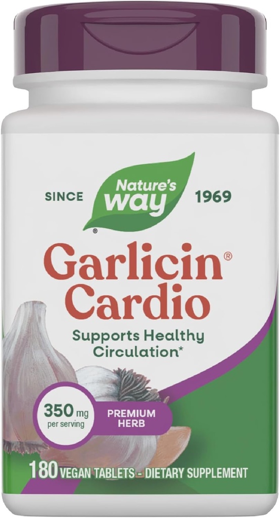 Nature's Way Garlicin Cardio, プレミアムハーブ, ヘルシーな循環をサポート*, ニンニク味なし, ビーガンニンニクサプリメント, 180錠 (パッケージ 5 月 Vary)