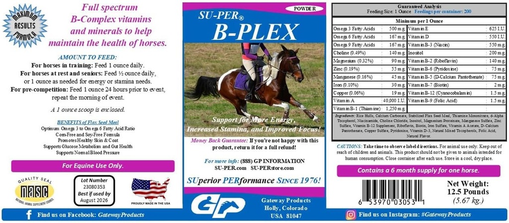 SU-PER B-Plex の粉の Equine のビタミン - 完全な B 複雑な馬のビタミンおよび鉱物の補足 - 健康なホオフ、赤血球、馬の Calming の粉- 12.5 ポンド、6 か月の供給(180 日)