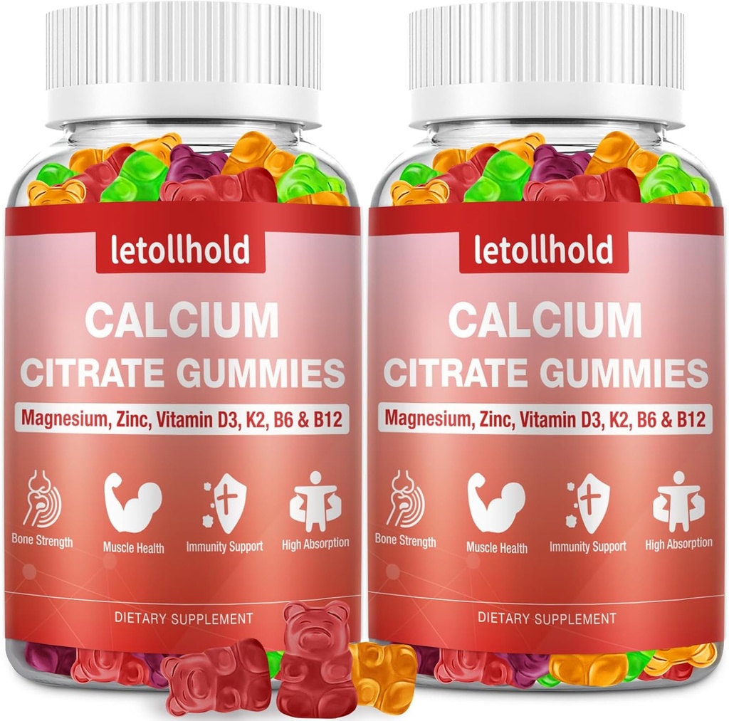 Calcium Citrate Gummies - 1200mg Calcium Gummies with Magnesium Zinc Vitamin D3,K2, B6, B12 for Bone, Muscle, Joints, Immune Support, High Absorption Calcium Supplements for Women & Men 2 Packs