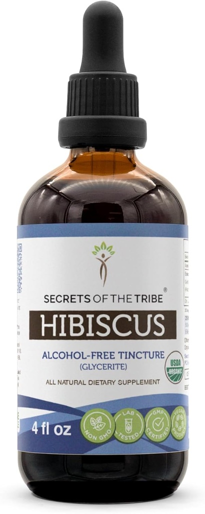 Tribe Hibiscus Tinctureアルコールフリー液体エキス、USDA Organic Hibiscus Sabdariffa ドライフラワーの秘密(4 FL OZ)