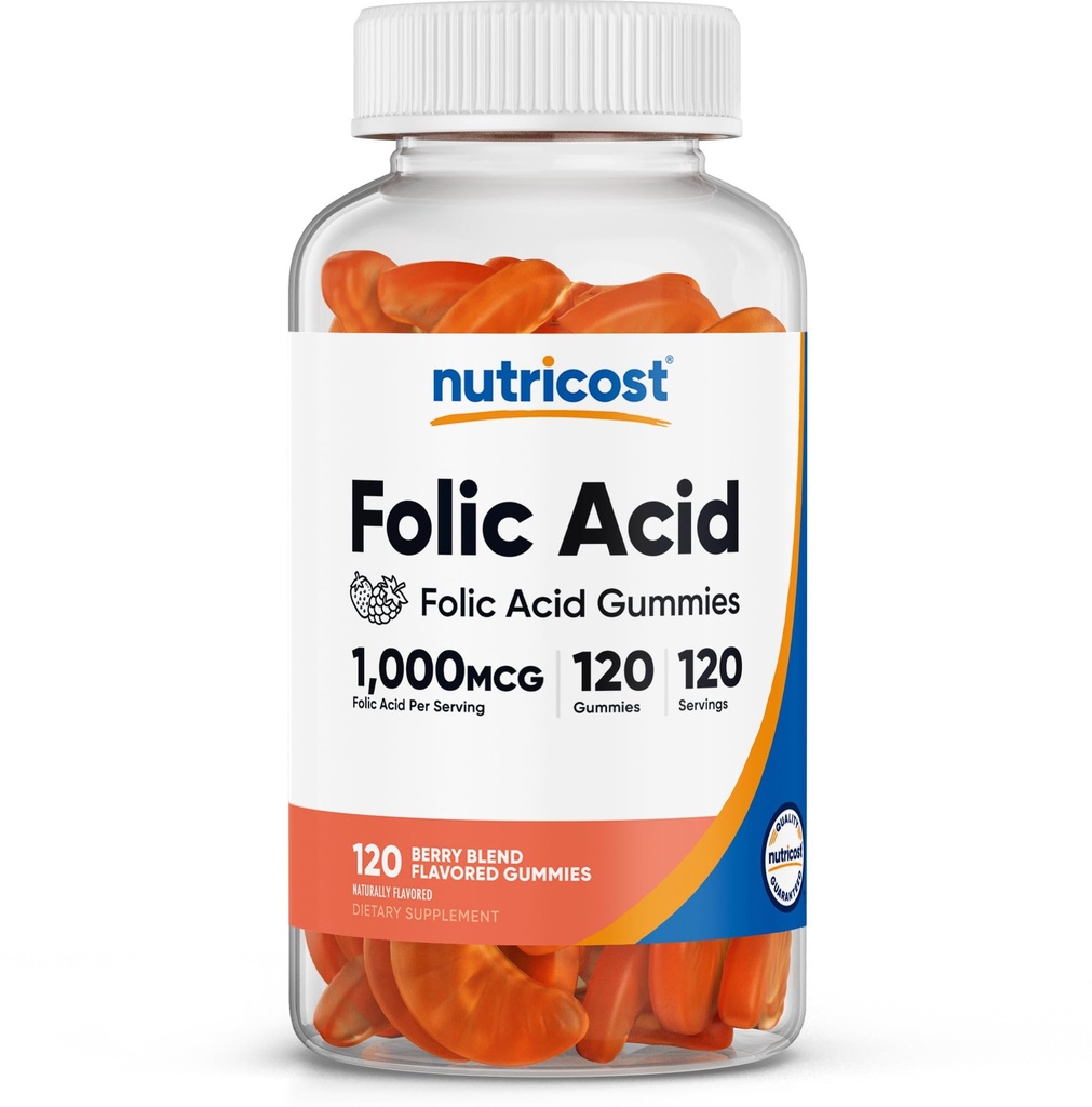 Nutricost Folic Acid (Vitamin B9) Vegetarian Gummies (120 Gummies, 1 mg Folic Acid Per Serving) - Supplement for Men & Women