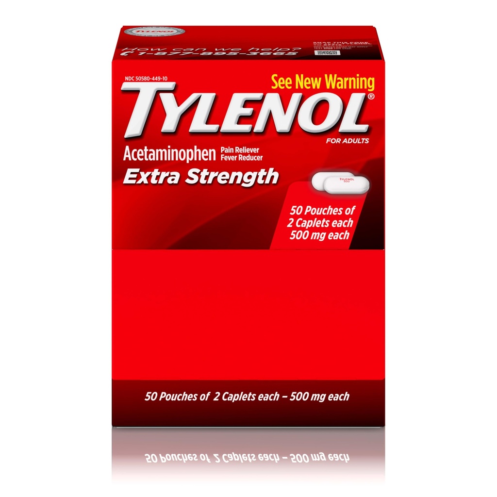 Tylenolの余分強さのアセトアミノフェンの小冊子、500のmg、頭痛、歯痛、月経のけいれん及び苦痛のための痛みの軽減及びファーバーの減力剤、旅行フレンドリーの包装、2口の袋、50の計算