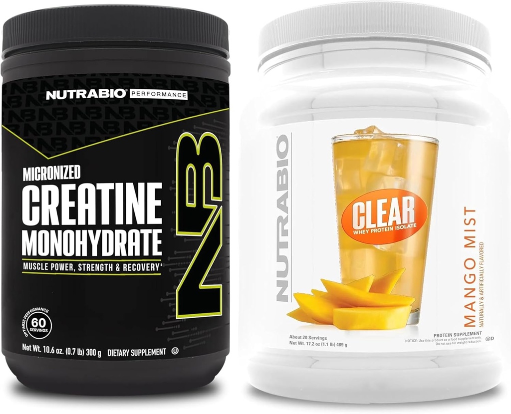 NutraBioクレアチンモノハイドレート、アンフレーバー、(300 g)とクリアウエイプロテイン分離、(マンゴーミスト)サプリメントバンドル - 筋肉エネルギー、最大成長、回復、および強度