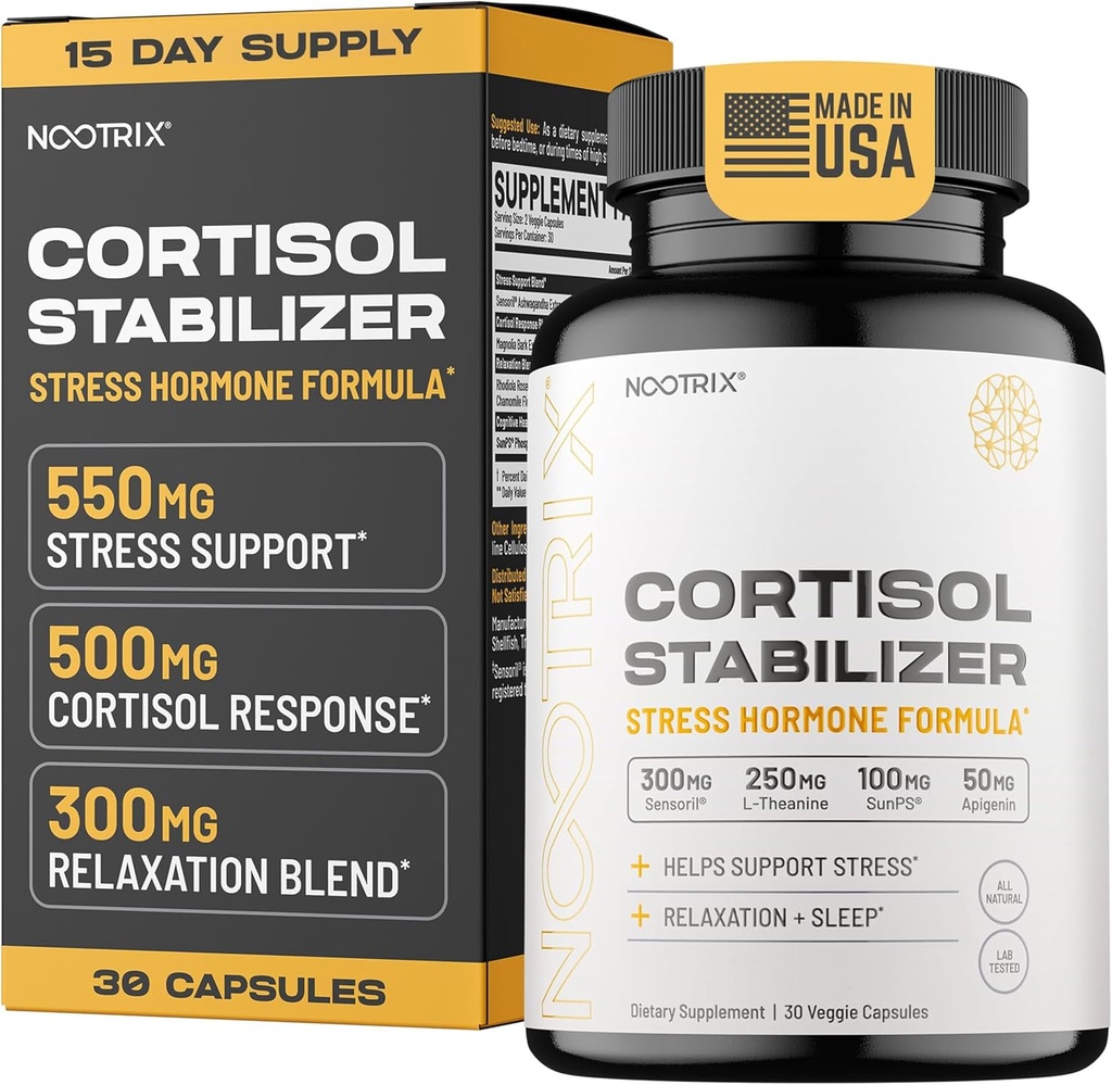 Nootrix Cortisol Manager & Stabilizer Supplement | Supports Deep Sleep, Relaxation, Adrenal Health & Stress | 300mg Ashwagandha | L-Theanine, Rhodiola Rosea Extract & Apigenin | 30 Capsules