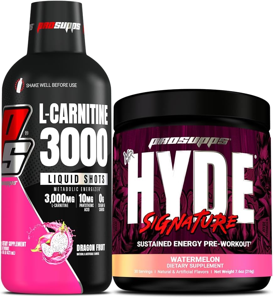 PROSUPPS L-カルニチン3000興奮剤フリー液体ショット(31サービング、ドラゴンフルーツ)とハイドシグネチャーシリーズプレワークアウトエナジーパウダードリンク(30サービング、スイカ)バンドル
