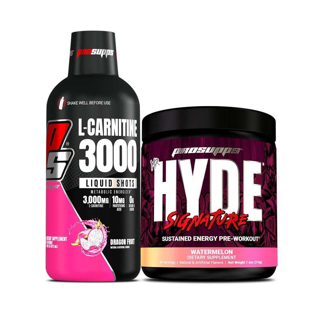 PROSUPPS L-カルニチン3000興奮剤フリー液体ショット(31サービング、ドラゴンフルーツ)とハイドシグネチャーシリーズプレワークアウトエナジーパウダードリンク(30サービング、スイカ)バンドル