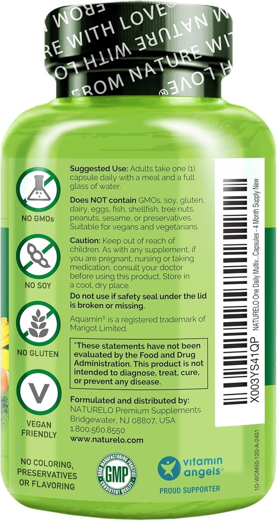 NATURELO 女性50 + (アイアンフリー)のための1日1日マルチビタミン - 50以上の女性のための月経閉止サポート - 全食品サプリメント - 非GMOなし - 120カプセル - 4ヶ月の供給