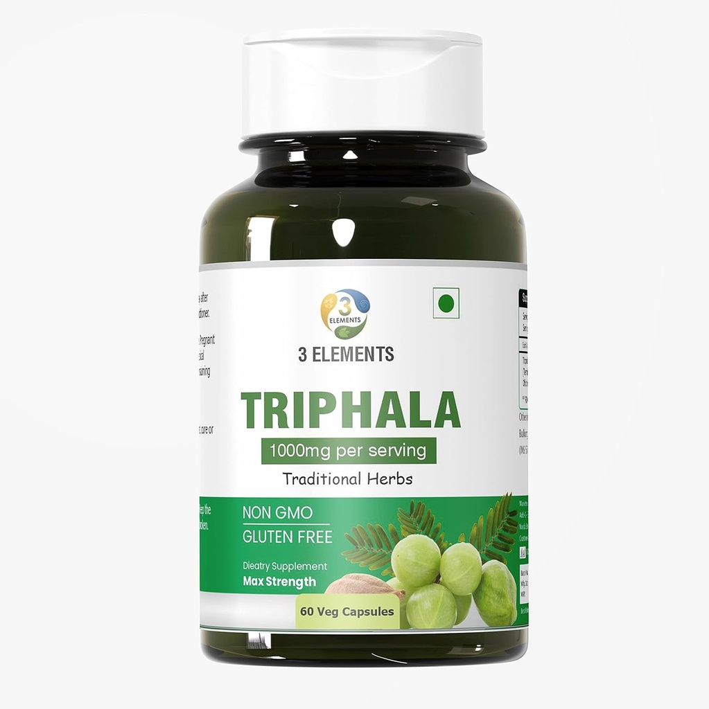 毎日の解毒のための3elements Triphala 1000mg I 60カプセル, 清潔になること, & 若返り, 消化 & コロン サポート, 免疫システム サポート, 適応性物質, 栄養素密集, ビーガン, グルテンフリー