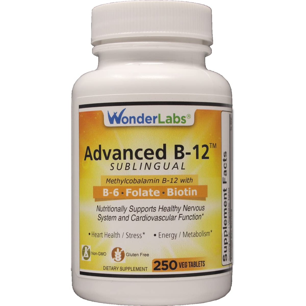 ワンダーラボラトリーズサブリンガルビタミンB12(1000mcg)、B6(5mg)、葉酸(400mcg)、バイオチン(25mcg) - メチルコバラミンビタミンB-12(250錠)で配合