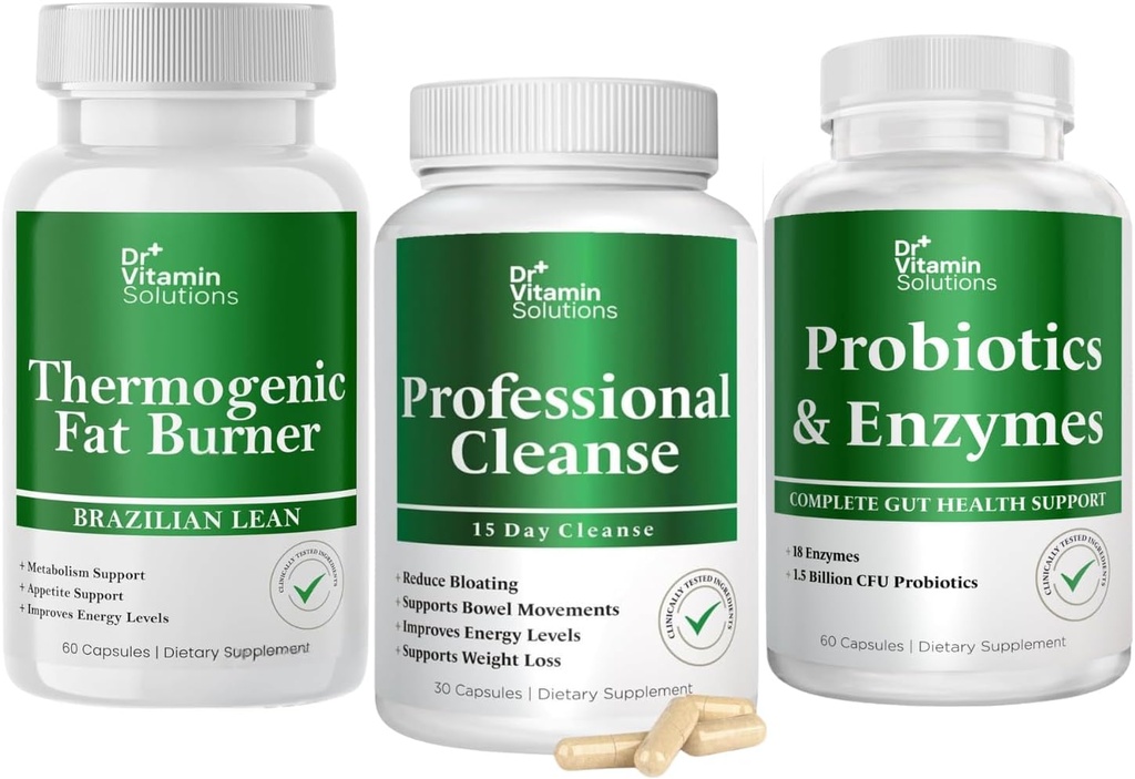 DR VITAMIN SOLUTIONS Thermogenic Fat Burner & Professional Detox Cleanse Bundle - 15 Day Cleanse for Weight Management, Gut Health, and Bloating Relief - 240 Caps