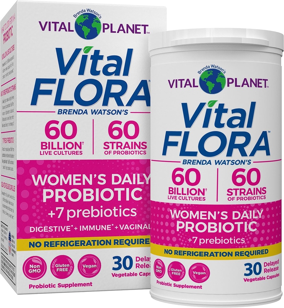 Vital Planet - Vital Flora Probiotics for Women 60 Billion CFU, Diverse Strains, Daily Shelf Stable Probiotic with Organic Prebiotics, for Vaginal Support, Immune and Digestive Health 30 Capsules