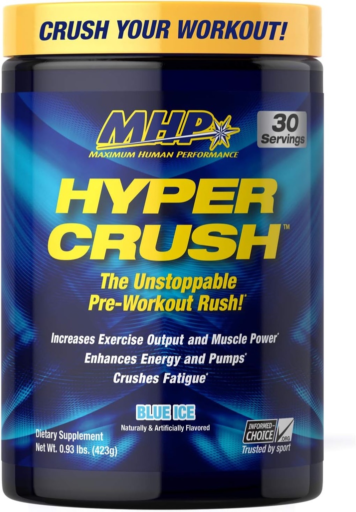 最高の人間の性能 MHP HYPER CRUSH のプレワークアウトのエネルギー飲み物のクレアチンのアラニンの酸化物ポンプのクエントルリン AKG 30 のサービング、青い氷、14.88 オーアンス