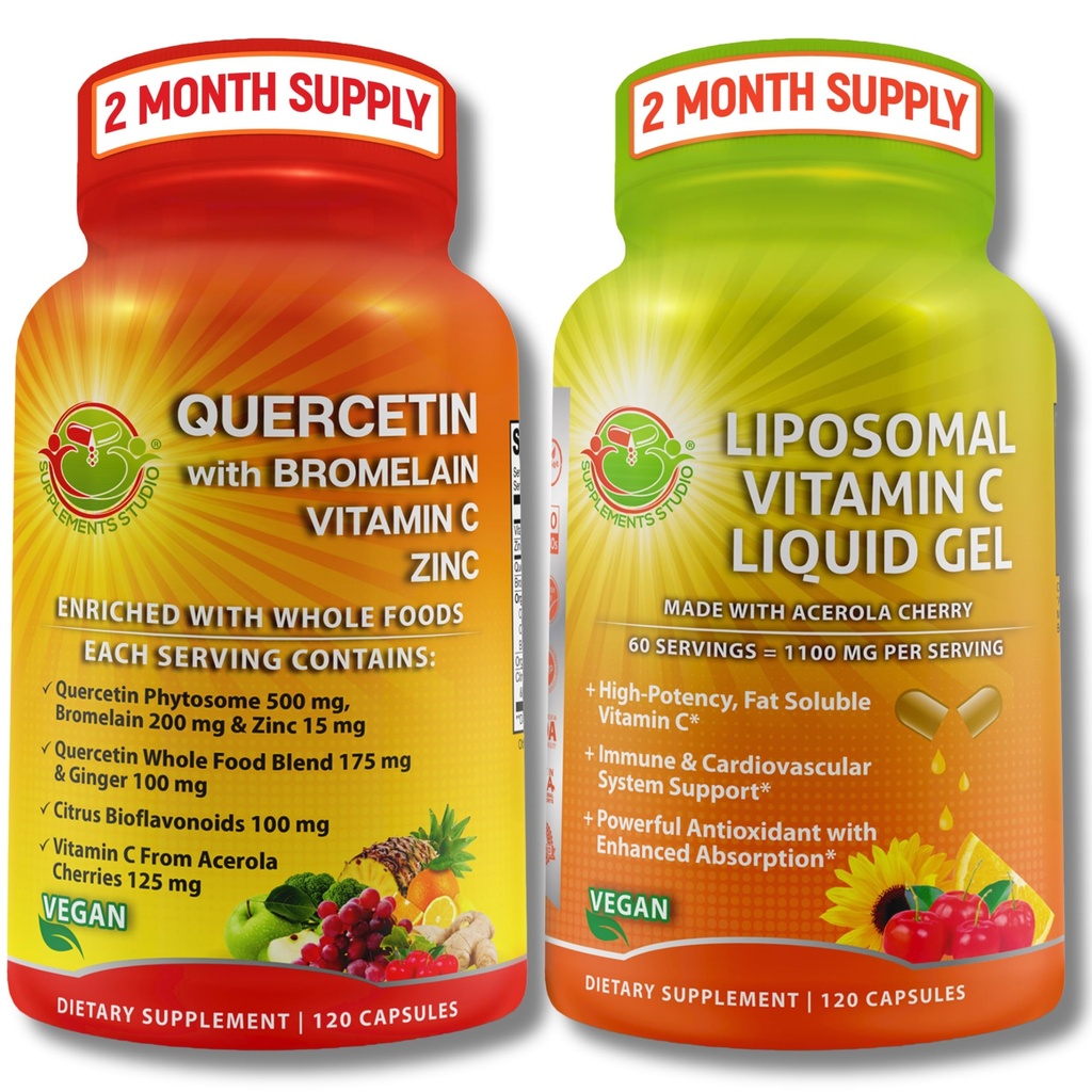 免疫サポートバンドル - Bromelain、ビタミンC&亜鉛+リポソームビタミンC 1100mg - 有機全食品ブレンド&アセロラチェリー - 抗酸化、呼吸&心血管サポート