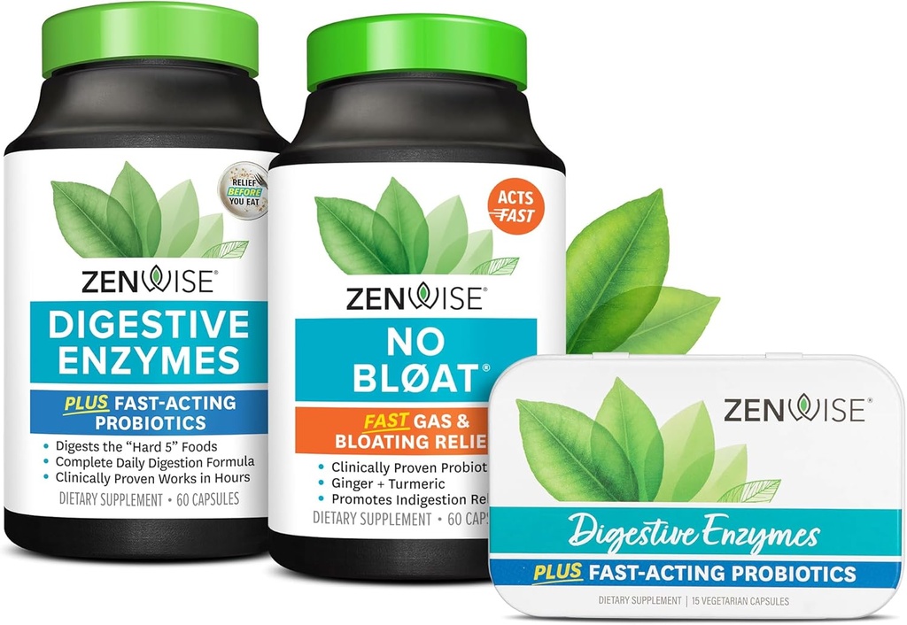 Zenwise Health Bliss Bundle Digestive Enzymes + No Bloat + Free Travel Tin - ダイエット消化酵素と消化のためのプロバイオティクスを備えた食事消化管ルーチン
