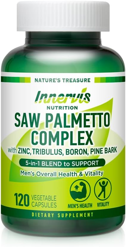 Prostate & Urinary Support for Men – 5-in-1 Saw Palmetto Complex with Zinc, Tribulus, Boron, Pine Bark – 120 Veggie Capsules