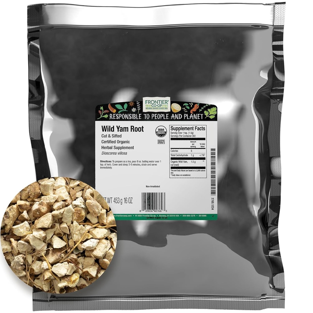 フロンティアクープワイルドヤムルート、カット、シフト、認定オーガニック、コーシャ | 1ポンド。 バルクバッグ | Dioscorea villosa L.