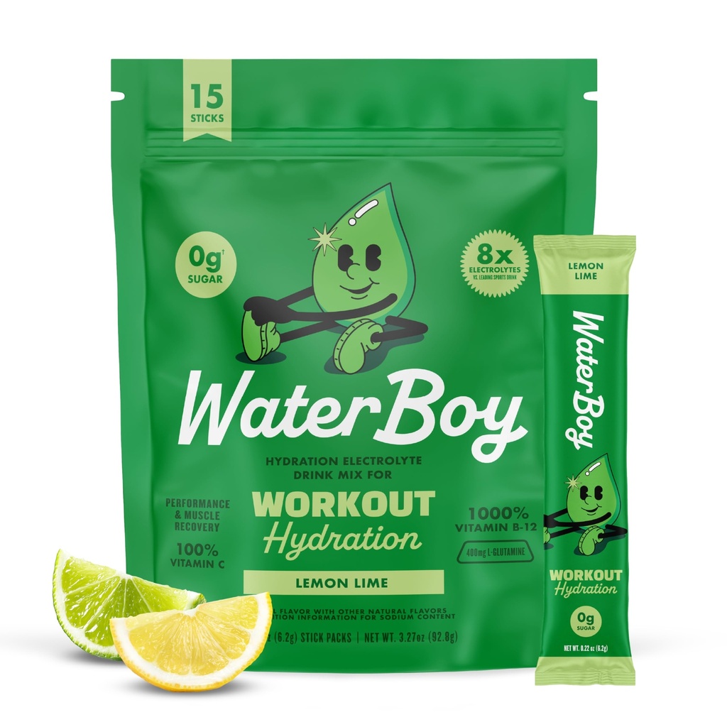ウォーターボーイ ワークアウトのHydration | 2,960mg 砂糖 無料の電解質の粉のパケット | L-グルタミン + ビタミン | 砂糖、すべての自然、グルテンフリー | 15 ドリンク スティック ミックス (レモン ライム)
