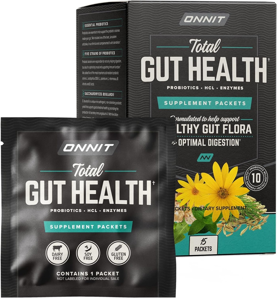 Onnit Total Gut Health:毎日のプレバイオティクス、プロバイオティクス、消化酵素パケット(15パック)
