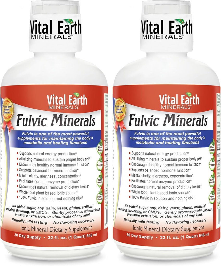 Vital Earth Minerals Fulvic Minerals Liquid – Fulvic Acid Supplement with 70+ Trace Minerals, Electrolytes for Energy & Vitality, 32 Oz Ea + 1 Oz Cup