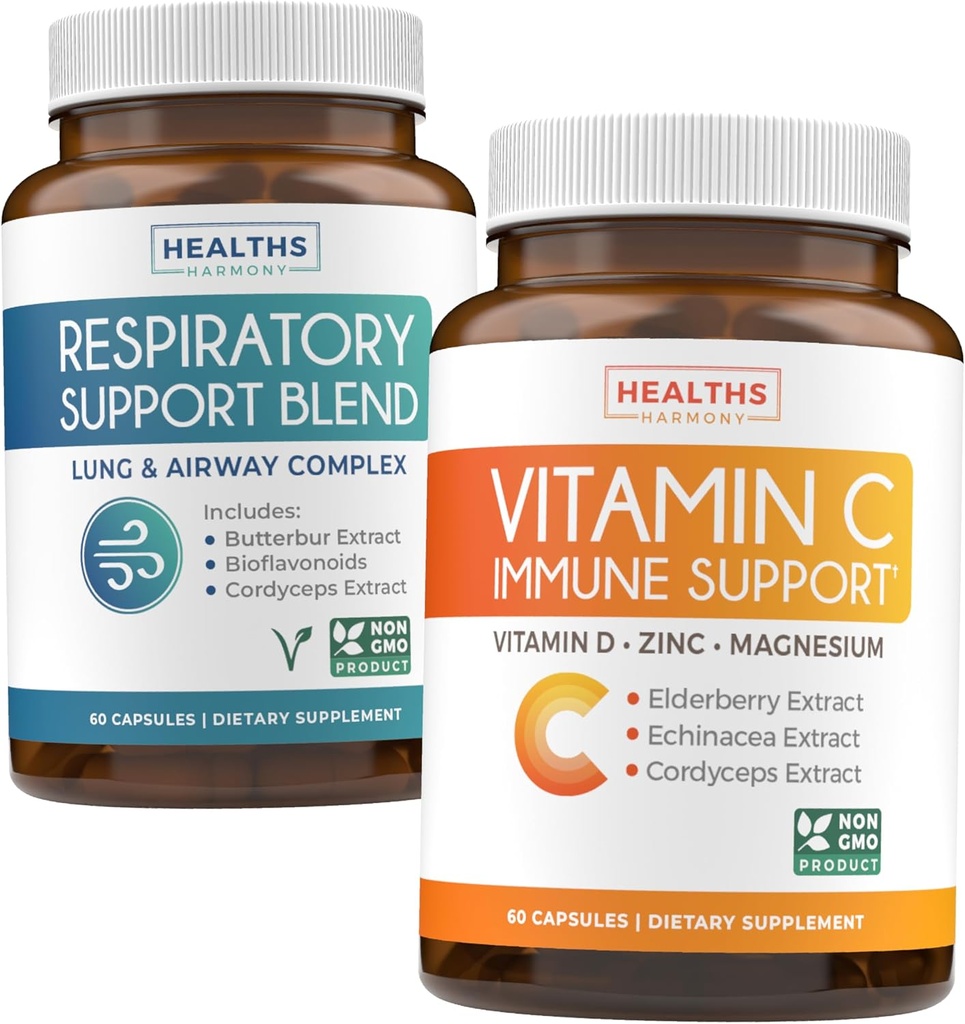 Respiratory & Vitamin C (1-Month Supply) Breath Easy Bundle - Respiratory Support Deep Lung Cleanse for Airway Health (60 Caps) & Vitamin C Immune Support Supplement - Immunity Boost Blend (60 Caps)