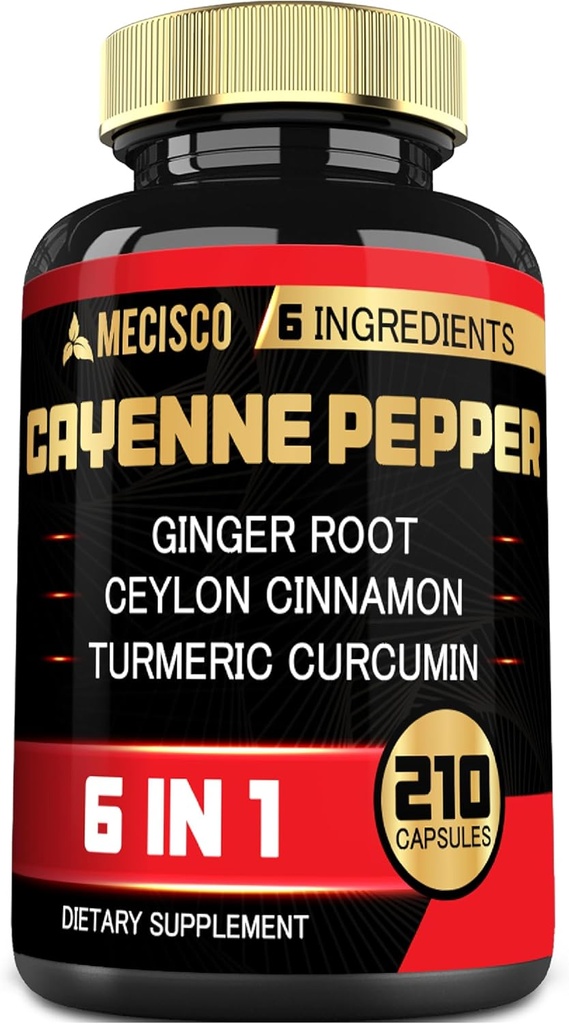 6in1 Cayenne Pepper Extract Capsules with Organic Turmeric Curcumin Root, Black Pepper, and More - Support Digestion System, Heart Health, Immunity Function - 210 Capsules