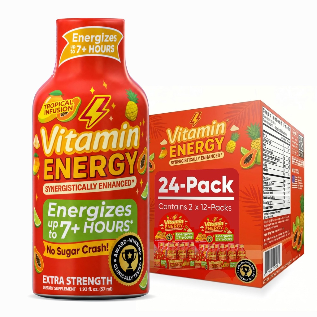 ビタミン エネルギー焦点+ の余分強さのエネルギー打撃の熱帯注入 24 のパック、260mg 自然なカフェイン、B ビタミン、CoQ10、アミノ酸、焦点、生産性及び明白、ゼロ砂糖、グルテンフリー、1.49 の fl oz