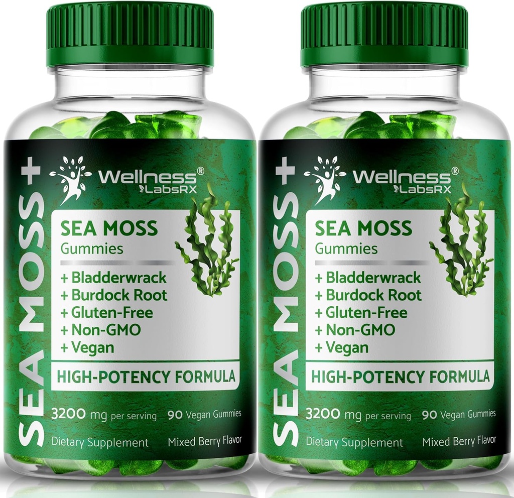 WELLNESS LABSRX Sea Moss Gummies, 3200mg Irish Sea Moss Mixed Berry Flavor with Maximum Potency Bladderwrack and Burdock Root - Supports Skin, Energy and Immunity - 180 Count